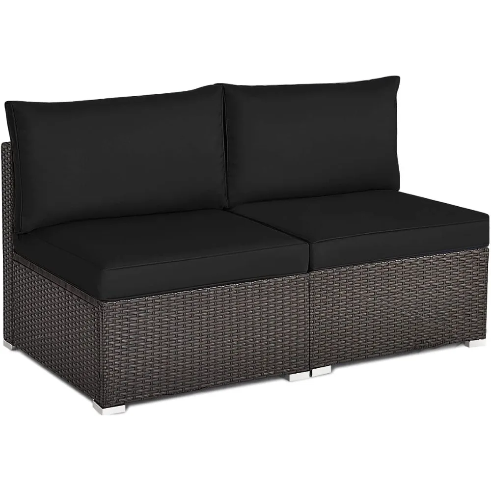 

2 PCS Outdoor Wicker Armless Sofa, Patio Rattan Sectional Sofa Set w/2 Thick Seat Cushions and 2 Back Cushions