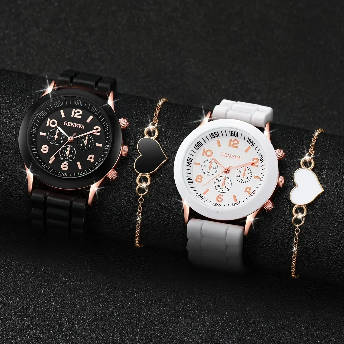 4Pcs Couple Watch Set, Geneva Triple Dial Silicone Strap Wristwatch + Black White Enamel Heart Bracelets Gift Kit