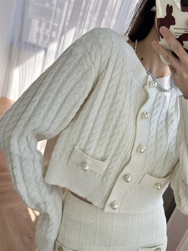 

Women Pearl Buttons Cardigan White or Pink Long Sleeve O-Neck Single Breasted Elegant Spring 2024 Knitted Sweater