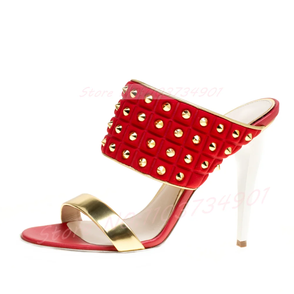 Gold Spike Studded Wide Strap Mules Women Open-Toe Red Leather Color Blocking High Heels Shoes Ladies Edgy Modern Mules