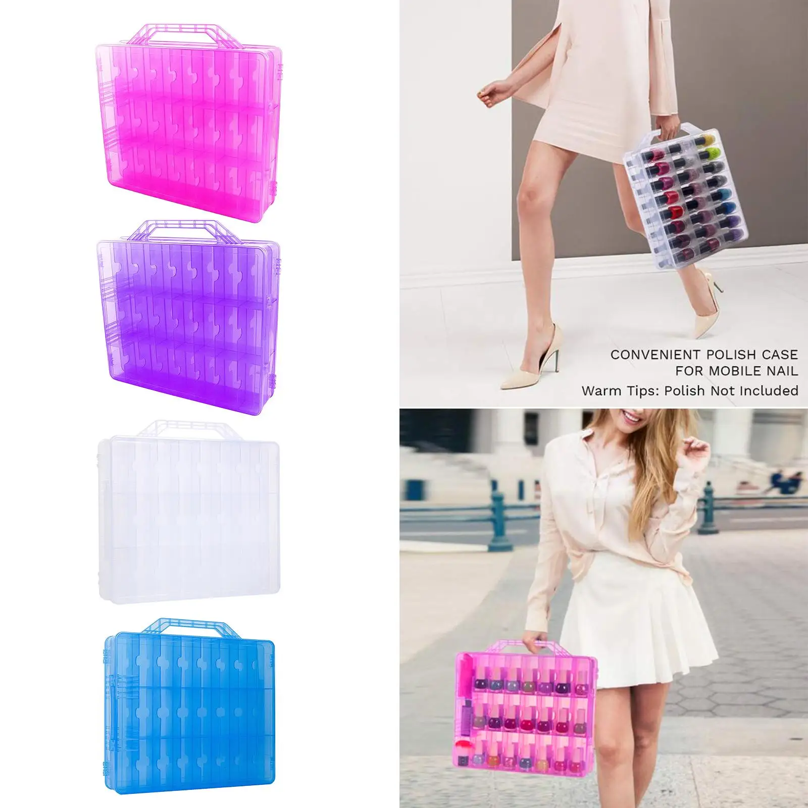 Double Sided 48-Slot Nail Polish Holder Storage Case Organizer with Top, Open Each Side Independently, Color