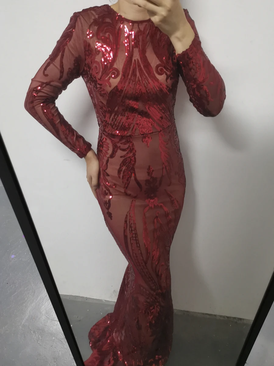 Gold Long Sleeve Stretch Sequin Maxi Dress Floor Length Full Lining O Neck Evening Night Gown Green