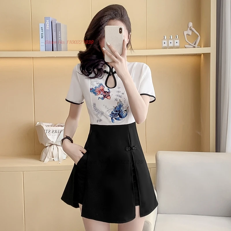 

Традиционное китайское банкетное платье 2021, лоскутное платье Ципао с цветочным принтом + шорты, улучшенное рабочее платье Cheongsam для отеля, спа