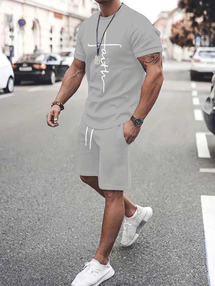 Street Fashion Men's T-shirt Outdoor Sports Loose Men's Drawstring Shorts Summer Casual Everyday Men's Wear 2-piece 3D Printed