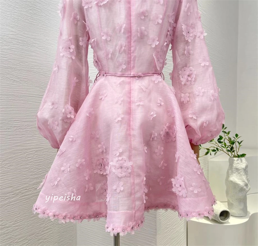 Satin Appliques Draped Valentine's Day A-line High Collar Bespoke Occasion Dresses Knee-Length