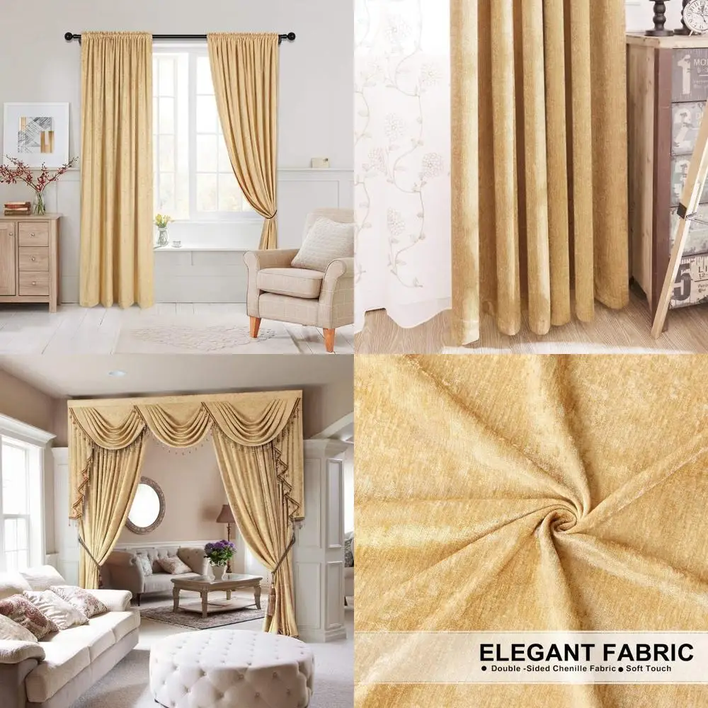 

Элегантные двусторонние оконные шторы из синели, золотые для гостиной и спальни, 52x96 дюймов, набор из 2 панелей