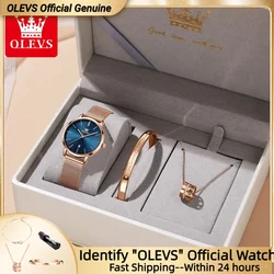 OLEVS-Montre à Quartz Or Rose pour Femme, Marque de Luxe, Mouvement Japonais, Ultra Mince, Calendrier, Date, Ensemble Collier