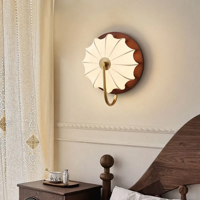 French Fabric Metal Led Wall Lamp Walnut Wood Grain Decoration Bedside Lamp Study Corridor Bedroom Decoration Lighting