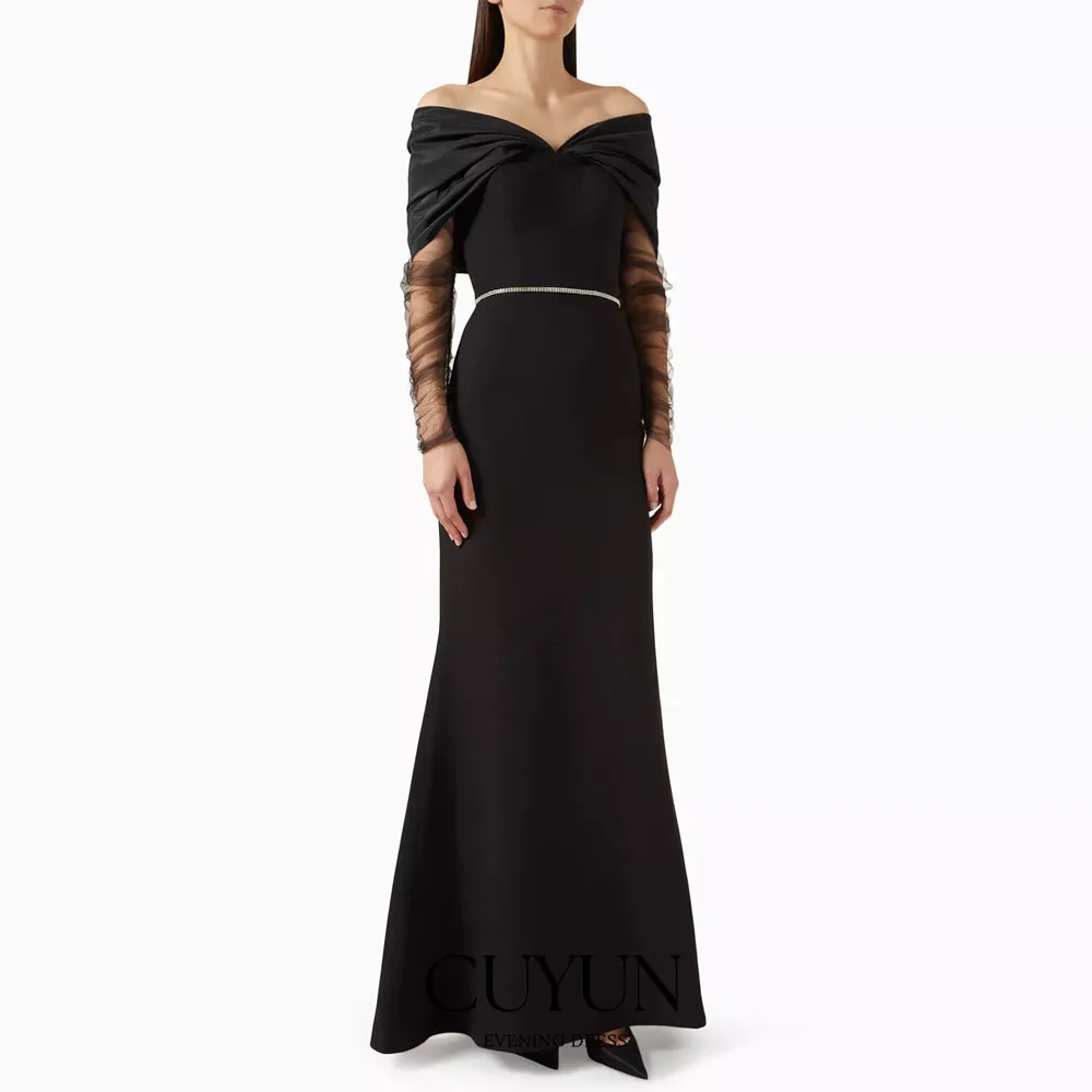 

CUYUN Customized Black Formal Dinner Dresses Evening Gown Semi-Mermaid Off the Shoulder Tulle Sleeves Prom Party Gown Banquet