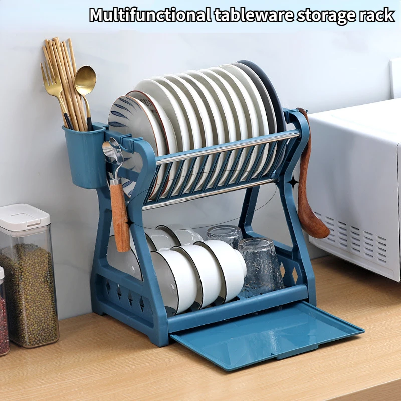 

Household Multifunction Double-layer Kitchen Dish Bowl Draining Storage Rack with Chopstick Cage Tableware Organizer Tray Basket
