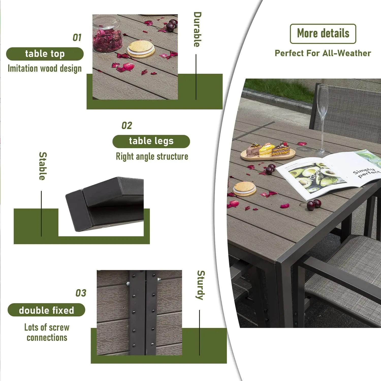 7-teiliges Terrassen-Ess-Set Gartenmöbel mit wetterfestem Tisch und 6 stapelbaren Textil stühlen für Garten, Hof