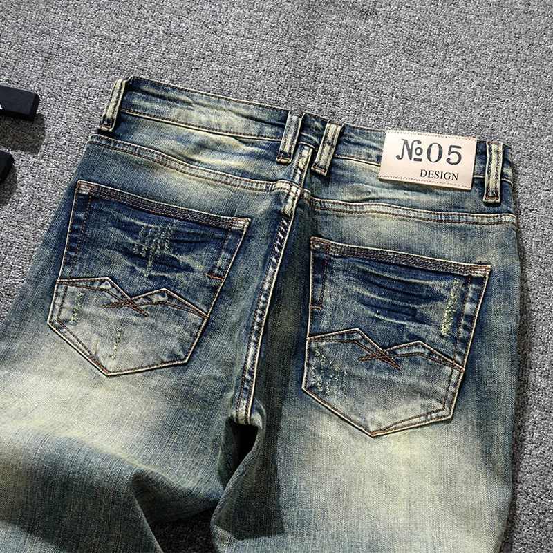 

Мужские джинсы в стиле стрит-стайл, ретро, синие, эластичные, узкие, с плиссировкой, дизайнерские, с вышивкой, для мужчин.