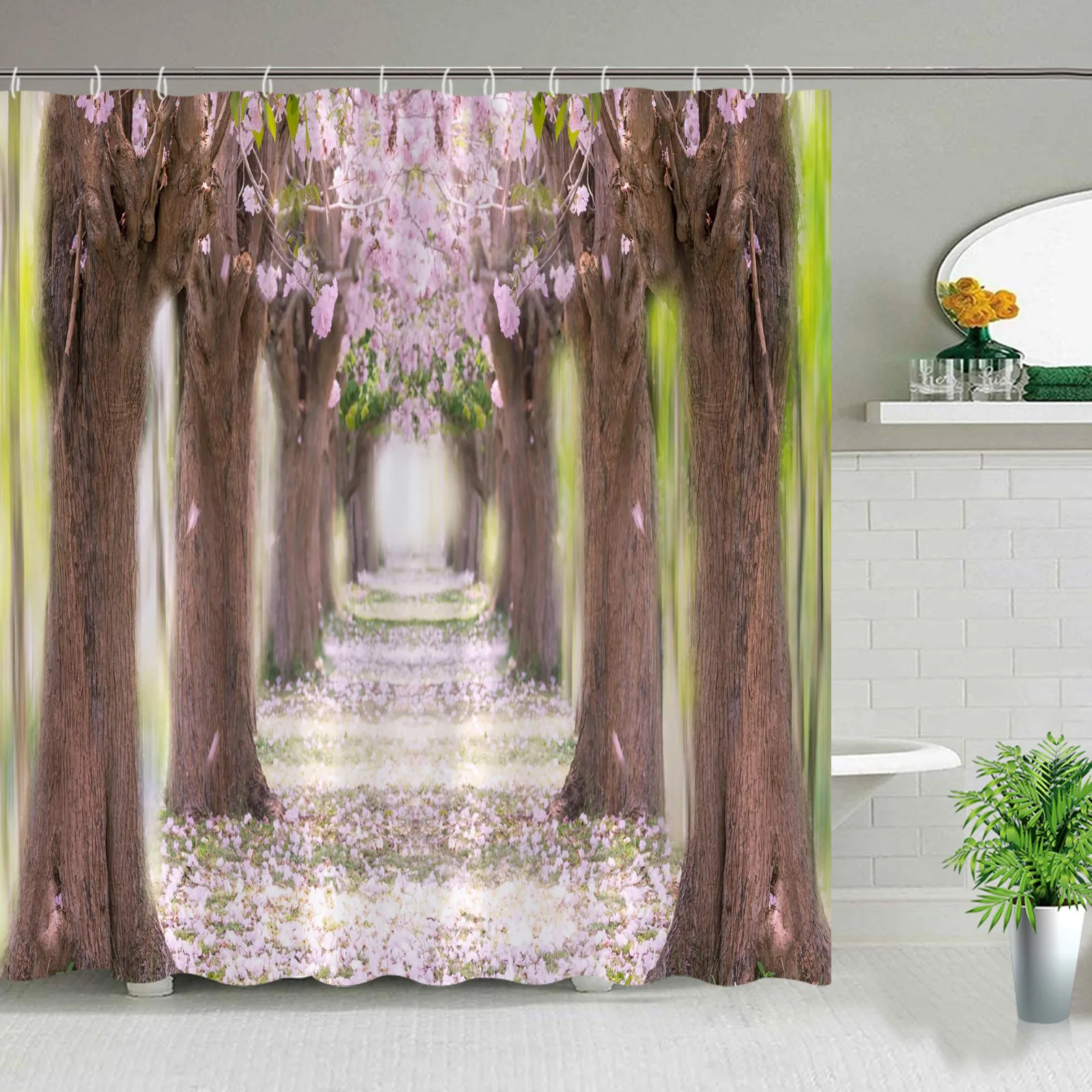 Cortina de ducha de paisaje de jardín 3D, caminos de madera, arco europeo, hermoso paisaje de fantasía, tela, cortinas decorativas para baño, gancho