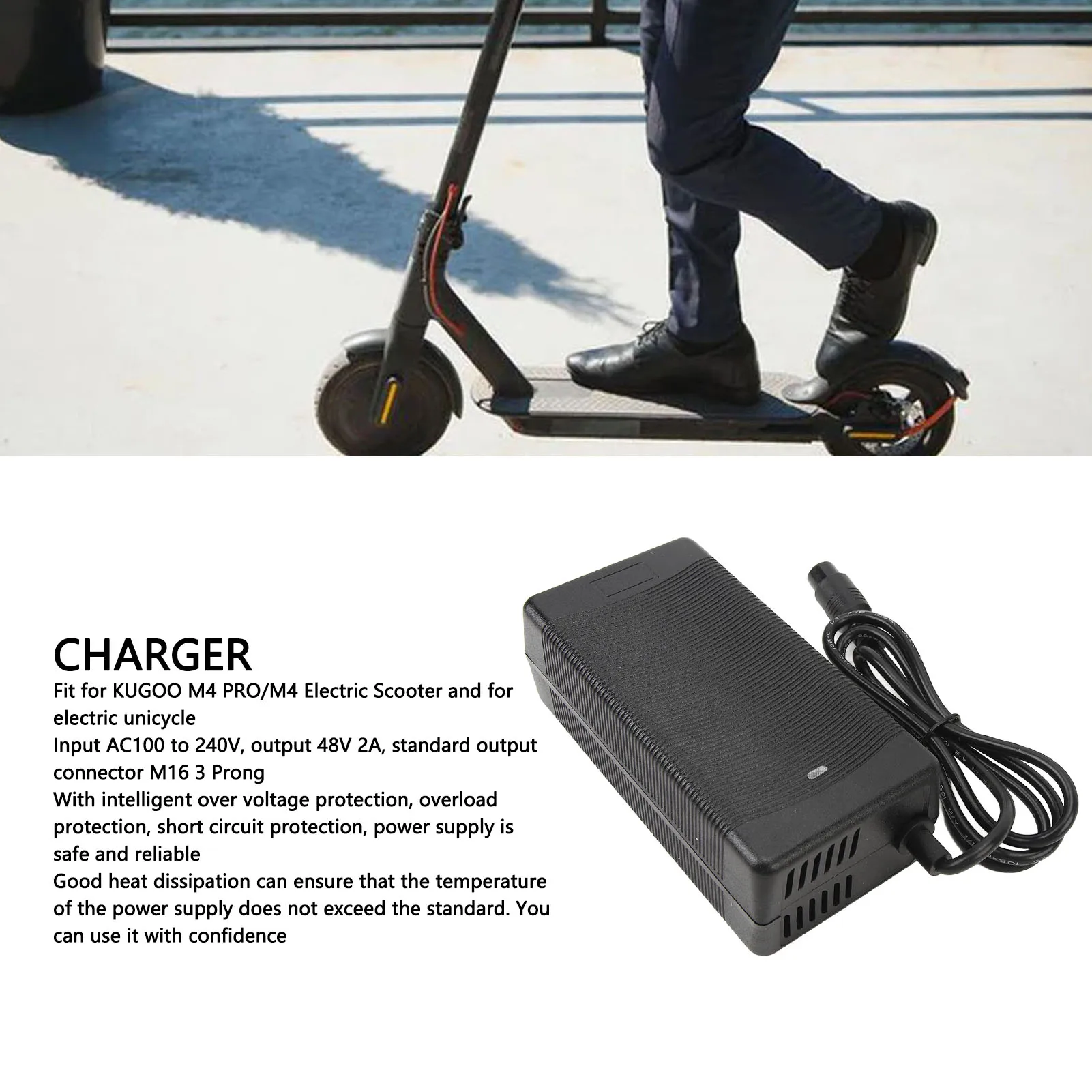 

Electric Scooter Charger, Battery Charger 48V 2A Safe Protection with 3 Prong Plug for M4 PROM4 Electric Scooter