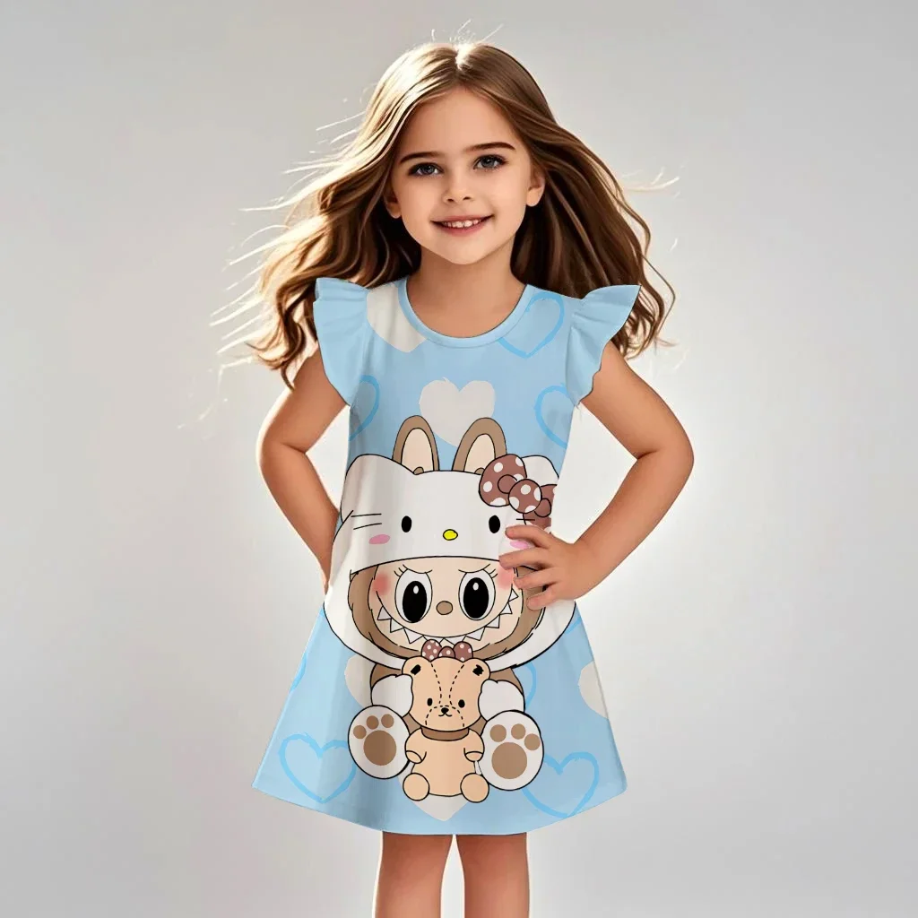 

LABUBU Girls Cartoon Costume Dress Kids Summer Short Sleeve Princess Dress Up Children Birthday Party 3D Clothing