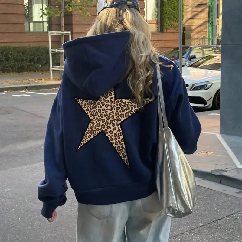 

2025 Autumn New Casual Women's Hoodie Leopard Pentagram Pattern Printing Pullovers Fashion Loose Hooded Sweatshirts Tops Y2k