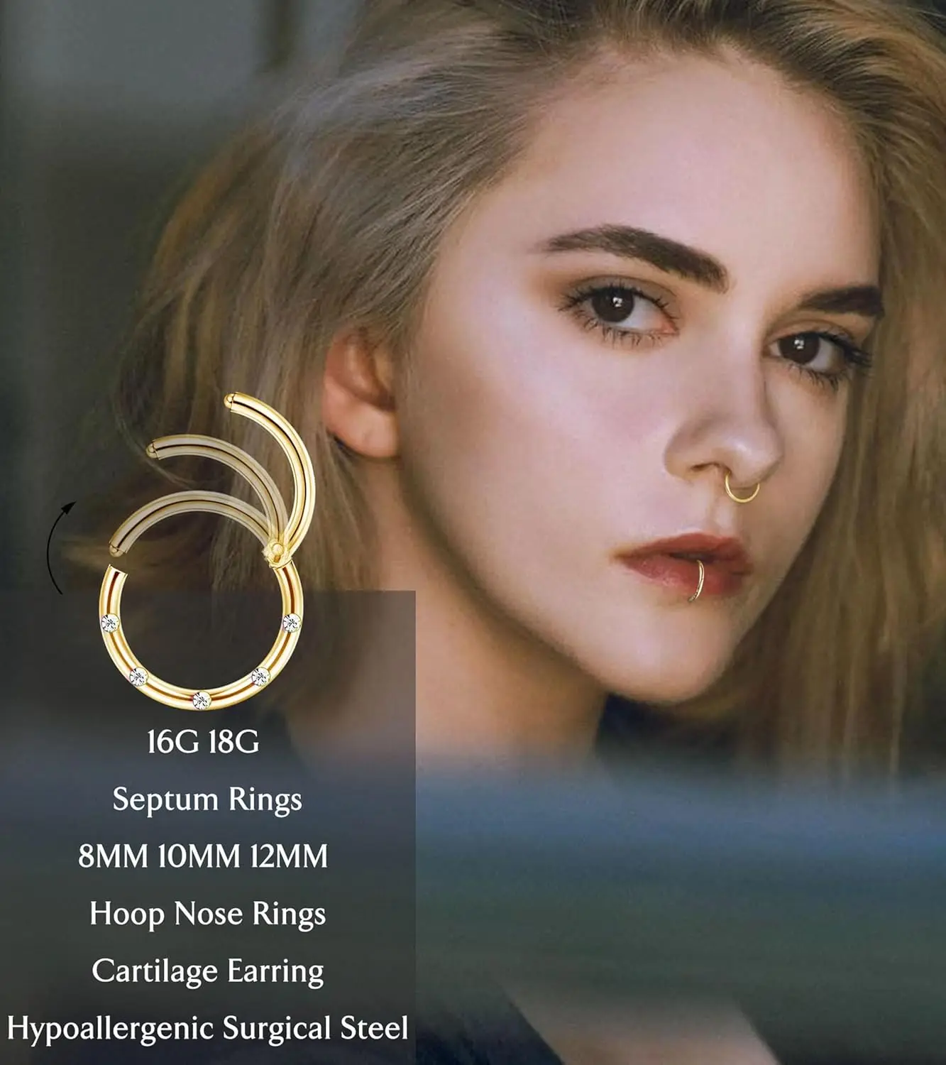 6 قطعة خواتم الحاجز الجراحية الصلب الأنف خواتم الأطواق للنساء الفرس متمحور الجزء اللولب الغضروف القرط الشفاه ثقب المجوهرات #2