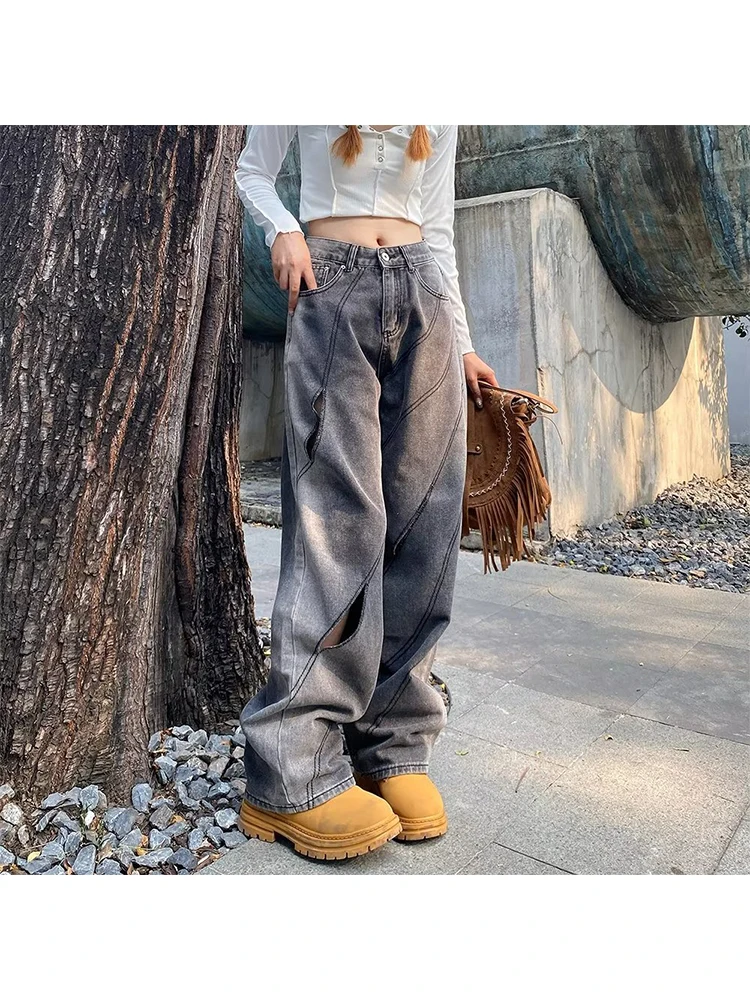 Pantaloni in Denim larghi estetici Harajuku Y2k anni '90 da donna neri gotici pantaloni jeans Oversize coreani scava fuori i vestiti Vintage 2000s