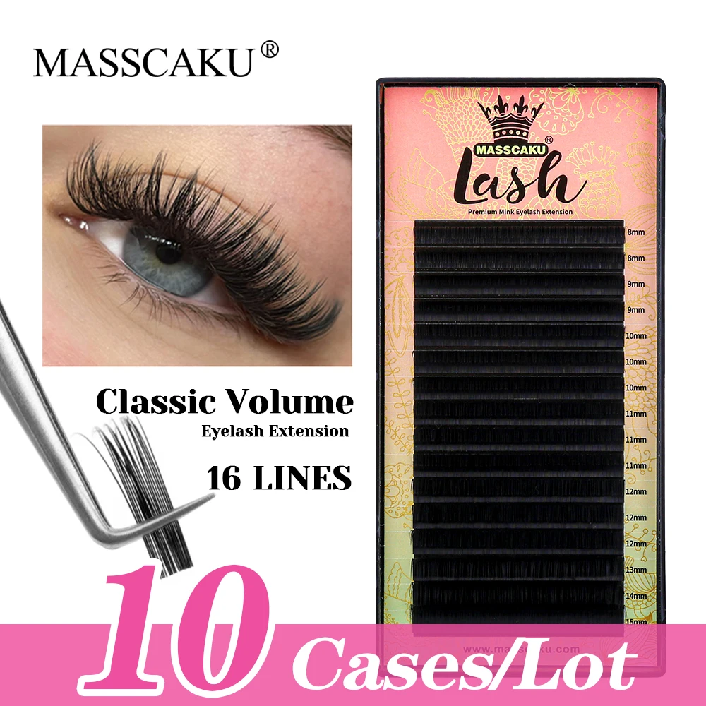 

MASSCAKU 10cases/lot Hot Sale 8-16mm and Mix Length Classic Regular Eyelash Fast Grafting Russian Volume Lash for Beauty Salon