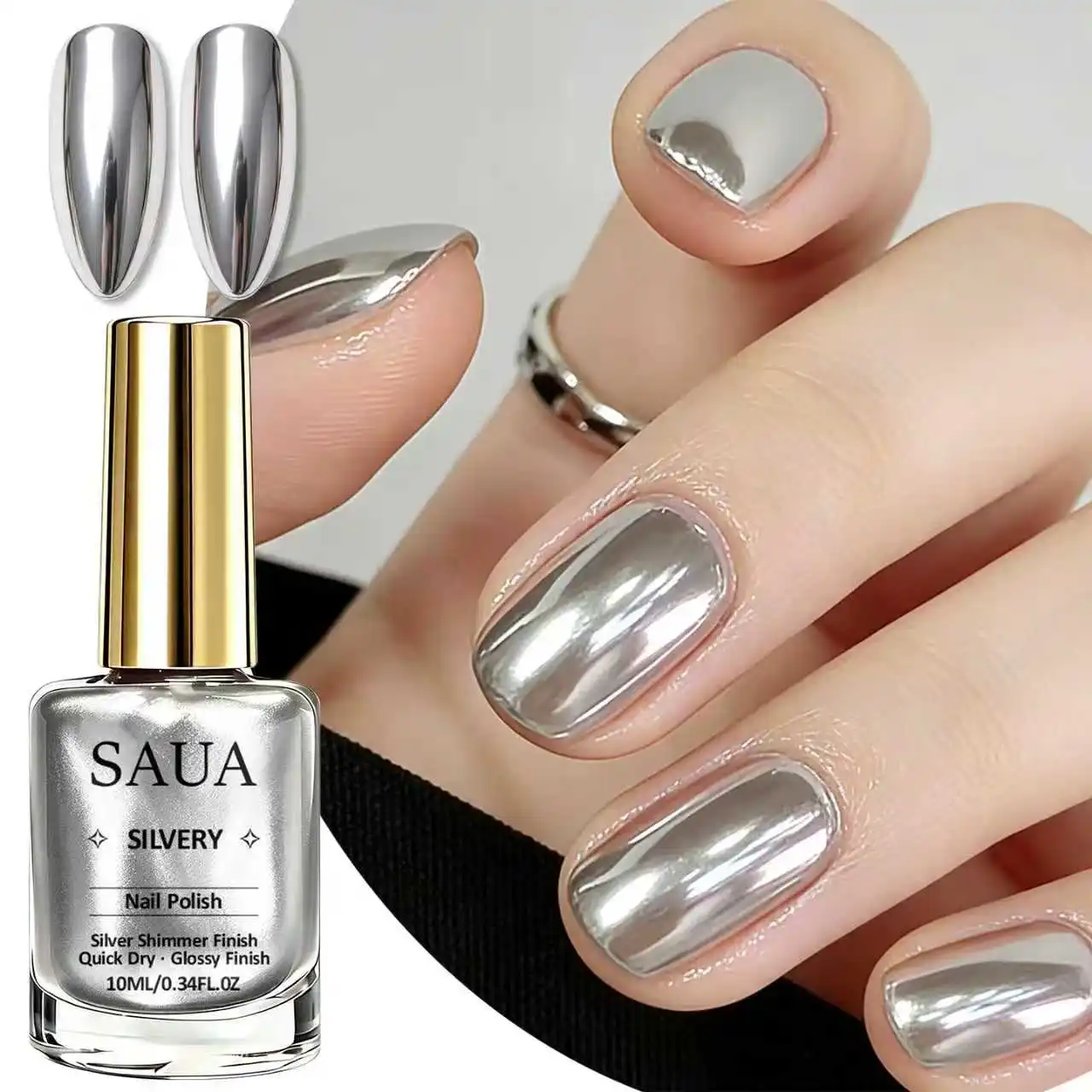 Silberner Metallic-Nagellack – schnelltrocknend, keine UV-Lampe erforderlich, spiegelähnliches Finish; die perfekte Wahl für ein Weihnachtsgeschenk. – Detail 2