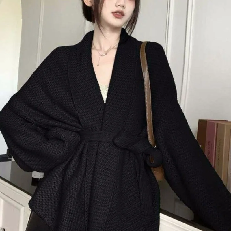 2024Women\'s Autumn Winter Fashion Solid Color V-neck Strap Korean Versatile Long Sleeved Loose Sweater Knitted Cardigan Coat