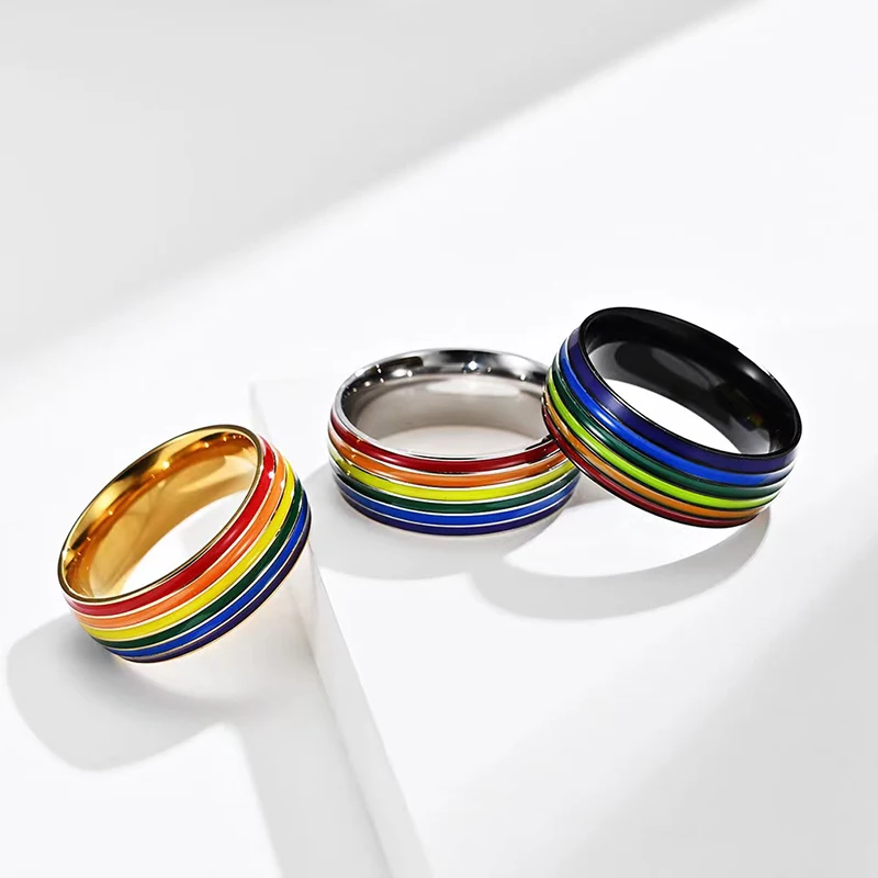 8MM Stainless Steel Multicolor Rainbow Ring LGBT Lebian Gay Finger Rings Jewelry Enamel Deco Engagement Wedding Party Gift