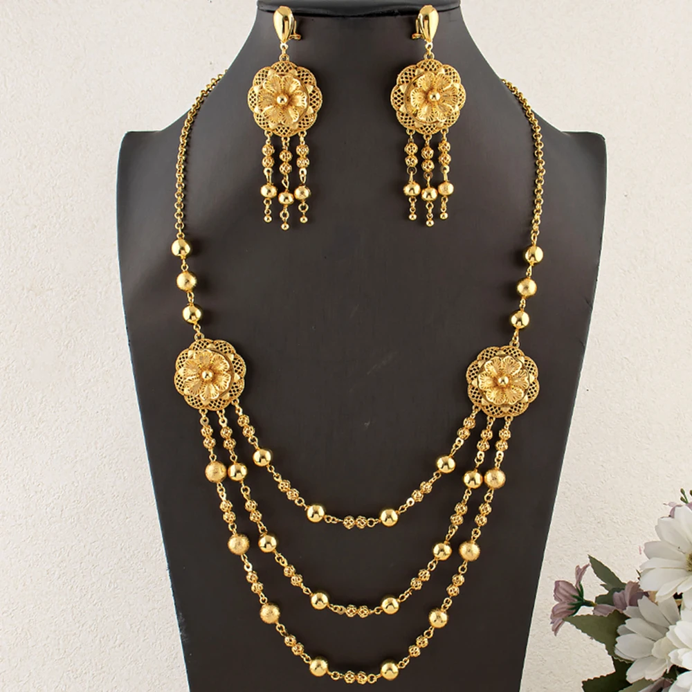 Perlen-Mehrketten-Halskette Quasten-Ohrringe Dubai Nigeria Vergoldetes Schmuckset Braut Hochzeits-Accessoires für Damen Geschenke