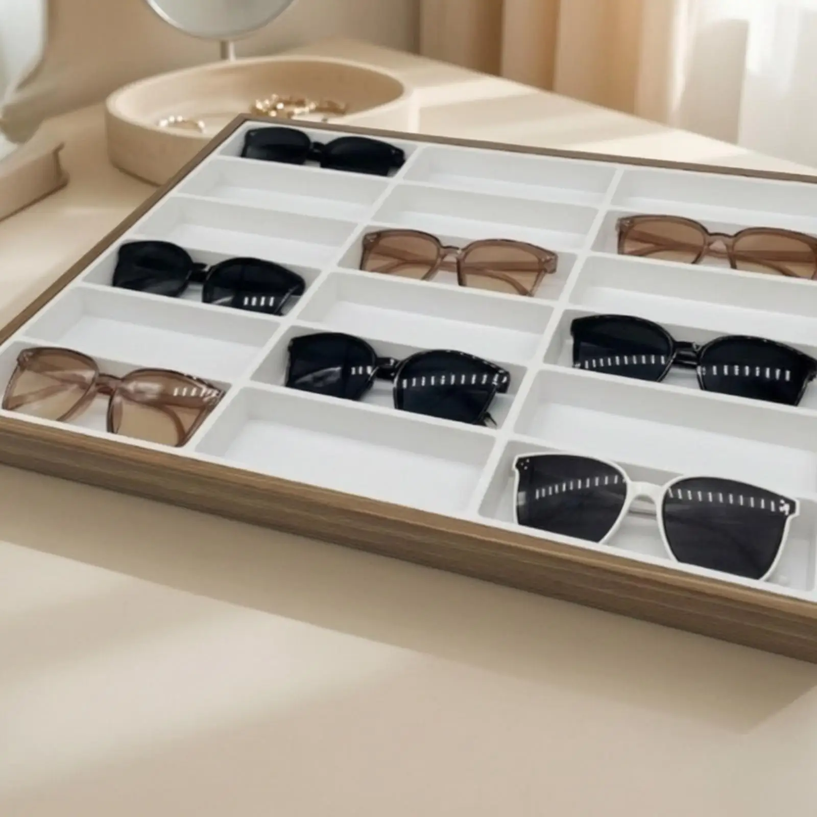 Compact Wooden Eyeglass Organizer Tray 18 Slots for Sunglasses Display Case for Chest or Vanity Top Decorative Holder