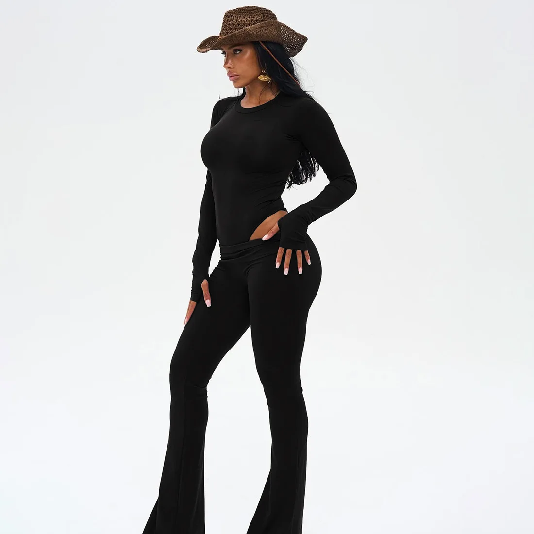 

2025 New Fashionable Personalized Solid Color Round Neck Long Sleeve Slimming jumpsuit Low Waist Pants Set