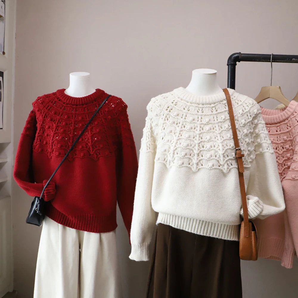 Korean O-Neck Knit Hollow Out Pullover Sweater Women's Elegant Temperament Loose Solid Color All-Match Sweaters Knitted Warm Top