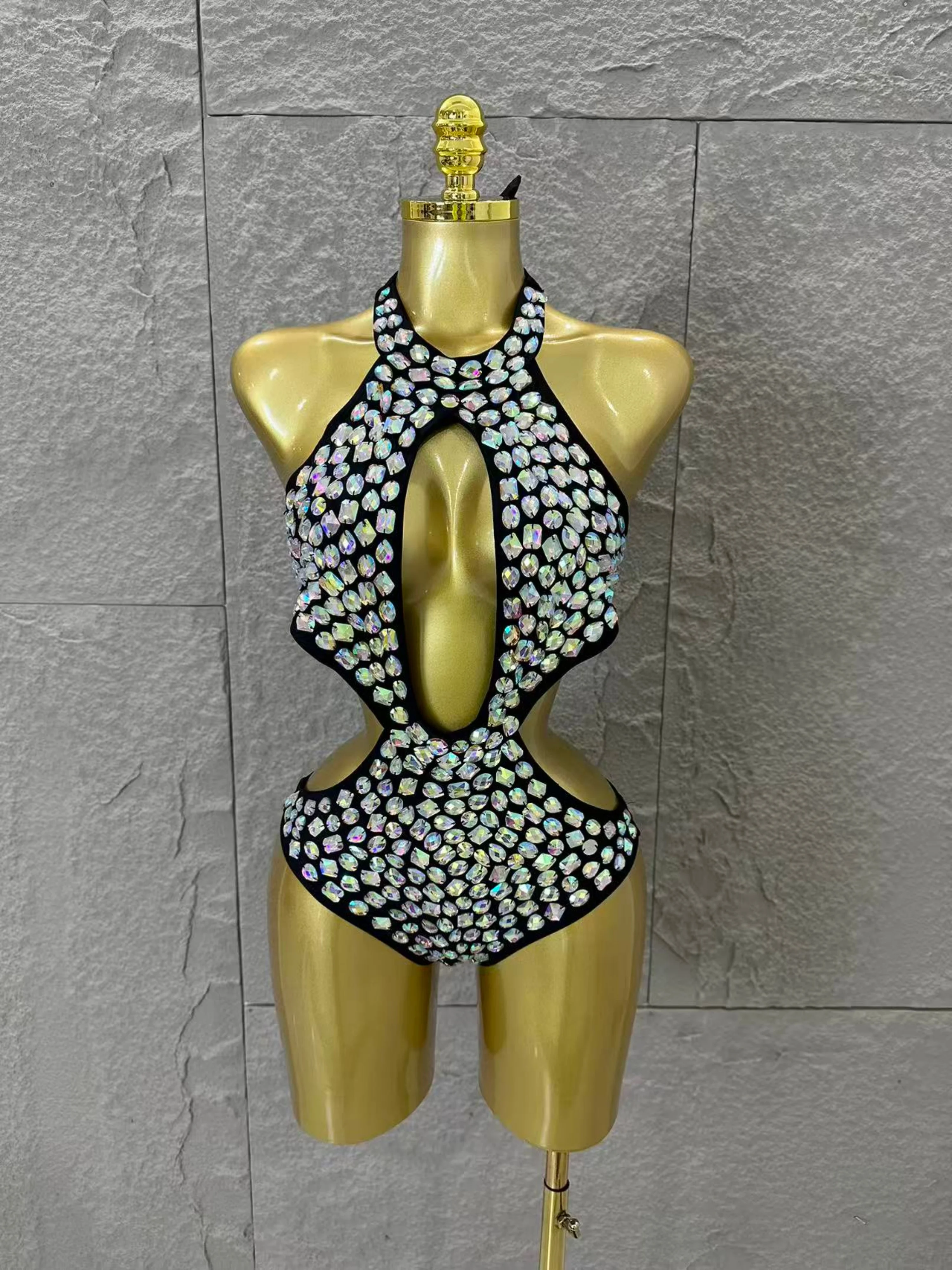 

Женский сексуальный костюм-боди с вырезами и переливающимися кристаллами, для сценических выступлений, 2026, роскошный черный