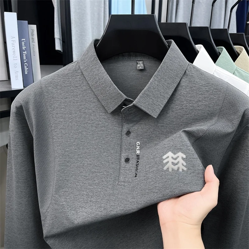 Men's Autumn Long Sleeved Polo Shirt Collar Offset Printing Breathable Mesh Design T-Shirt Sports and Casual Men's Clothing Top