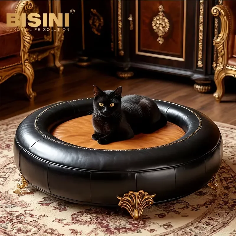 Luxury Round European Pet Niche Indoor Small Dog and Cat Bed French Rococo Solid Wood Carved Cat and Dog Bed