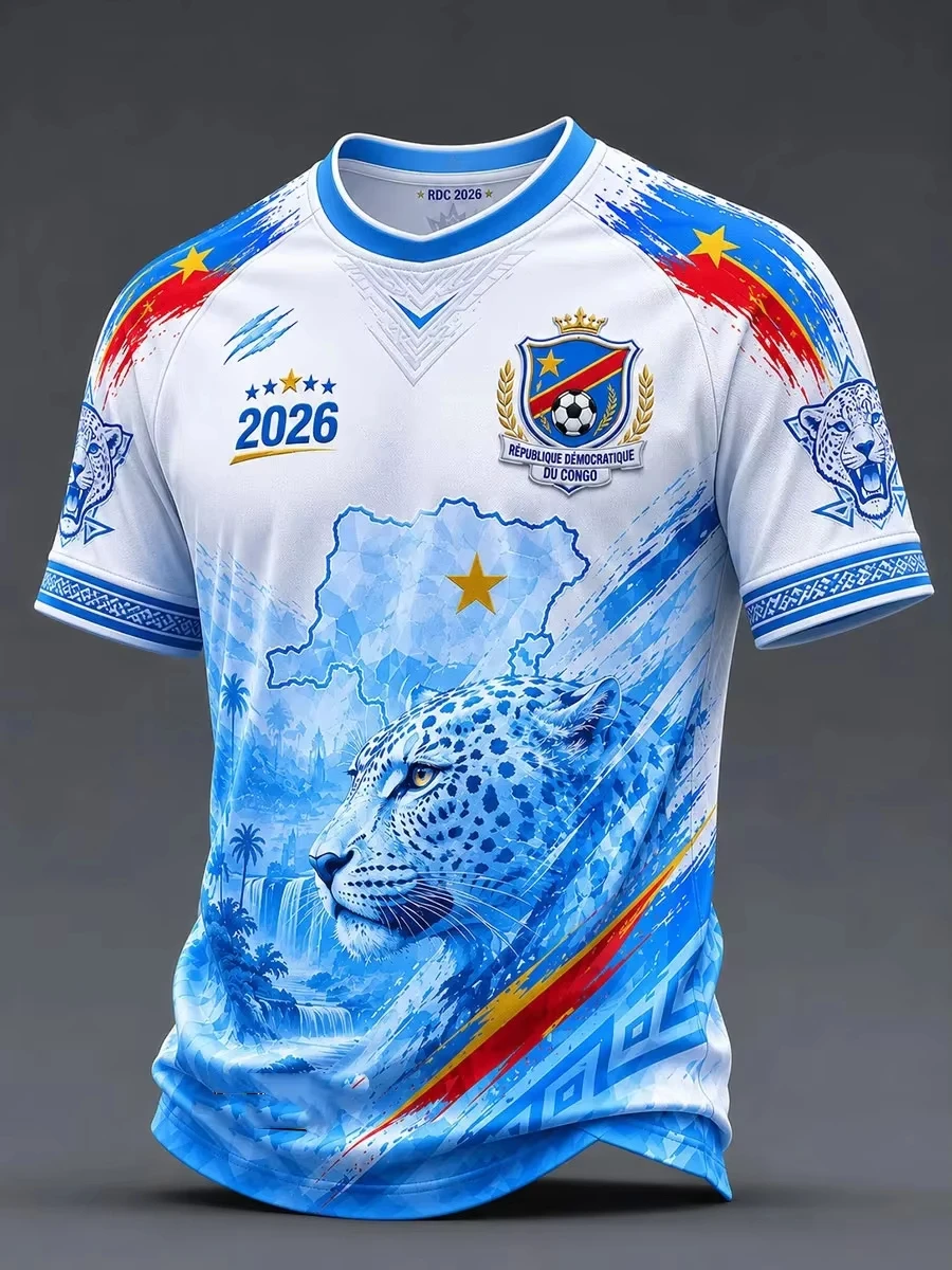 2026 Summer Men's DR Congo Leopard Map 3D Full Print Short Sleeve Football Jersey T-shirt Suitable for Daily and Training Wear