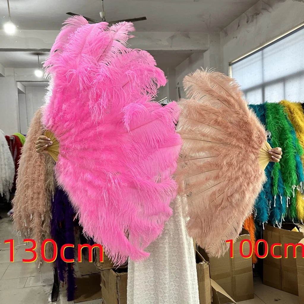 Big Pink Ostrich Feather Fan 100CM&130CM Handheld Carnival Belly Dance Stage Performance Feather Fan Plumes Craft 13 Bone