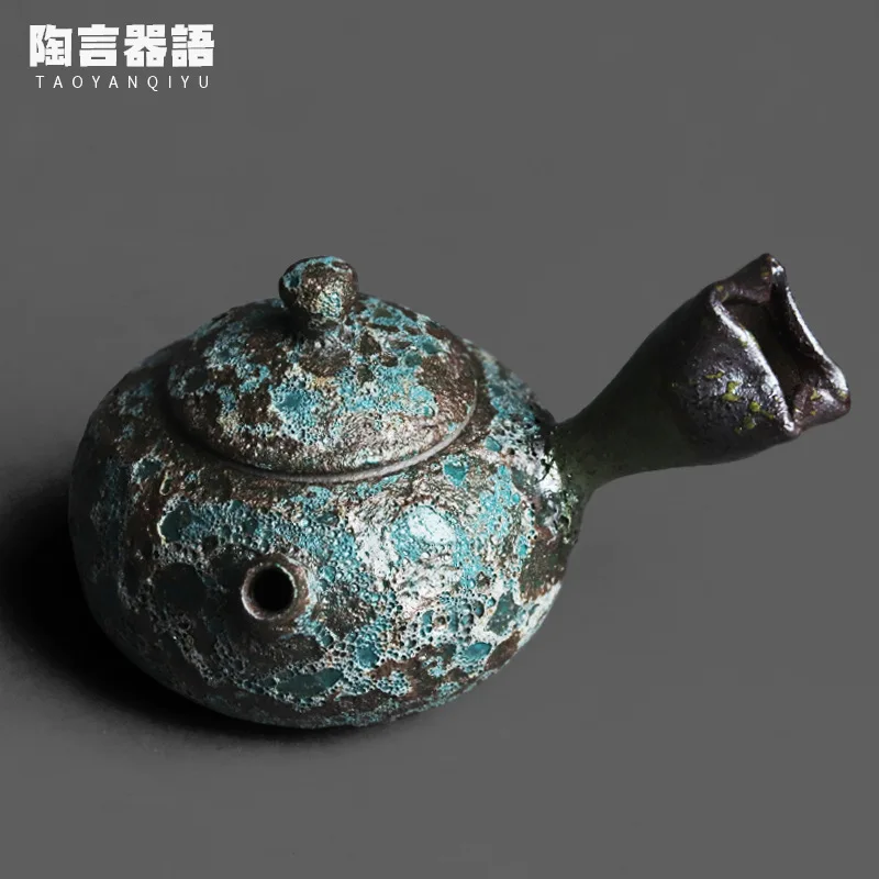 

Vintage Pottery Bronze Glaze Ruffle Handle Teapot Handmade Pottery Chinese Zen Tea Ceremony Kung Fu Tea Maker Single Teapot