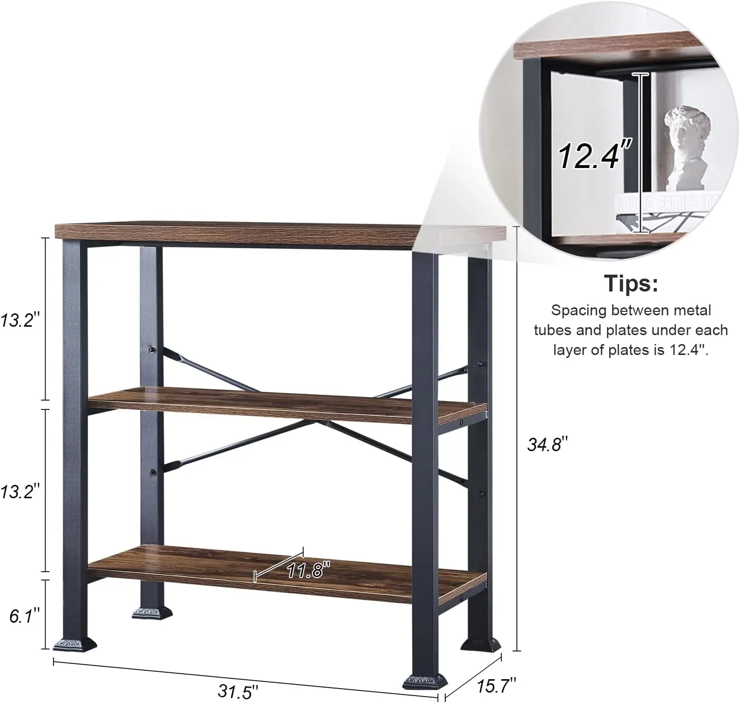 HOMBAZAAR Bookshelf, 3-Tier Vintage Industrial Book Shelf, Rustic Wood and Metal Bookcase and Bookshelves, Free Standing