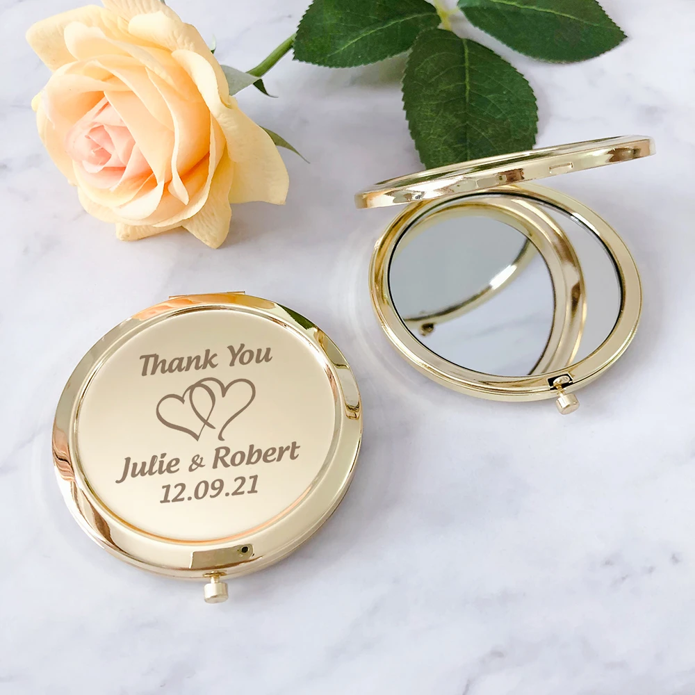 Wedding Souvenirs for Guests Wedding Party Favors Custom Pocket Mirrors Personalized Golden Compact Mirrors Wedding Guest Gifts