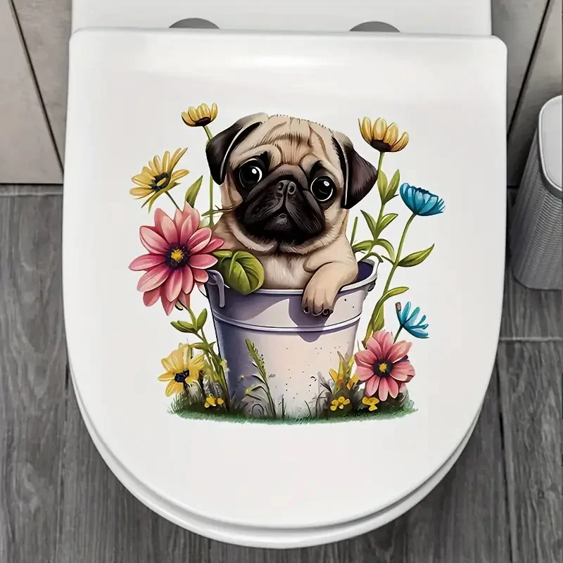 

Puppy and Charming Flower Self-Adhesive Wall Decal Removable, Reusable PVC Sticker for Toilet Lid, Bathroom Decor