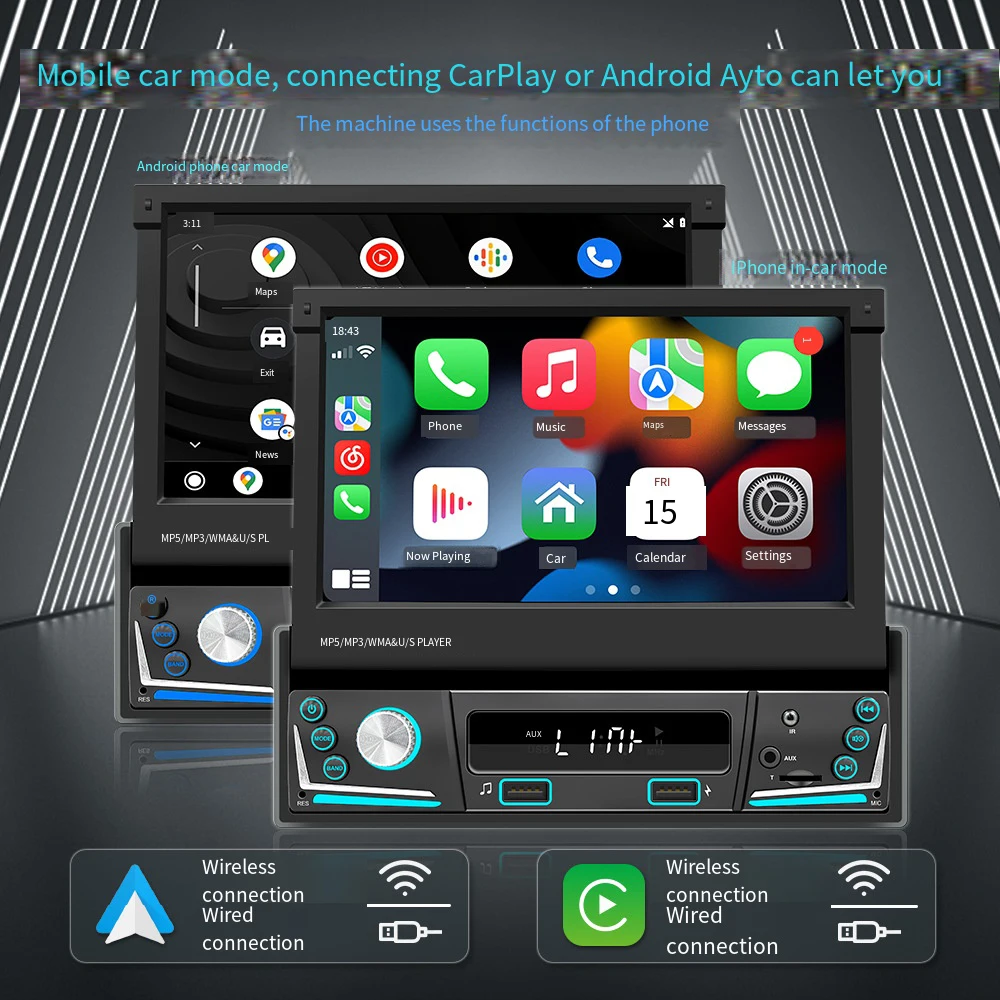 7 Inch HD Wireless CarPlay  Android Auto 1Din Multimedia MP5 Player Retractable Screen Mirror Link Car BT FM USB AUX Video