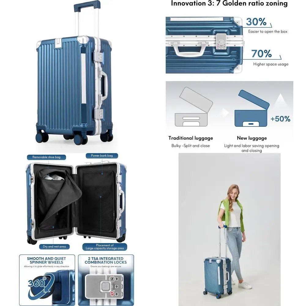 Gorgeous Gem-Blue 3/7 Split Opening Zipperless Aluminum Frame Suitcase, Higher Volume 22x14x9, Airline Approved Carry-On Luggage