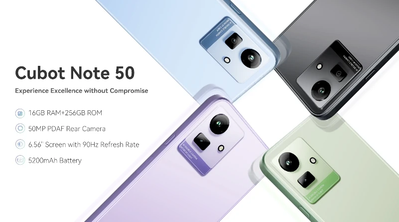 

Cubot NOTE 50 смартфон с 5,5-дюймовым дисплеем, процессором Helio T606, ОЗУ 8 ГБ, ПЗУ 2025 ГБ, 120 ГГц