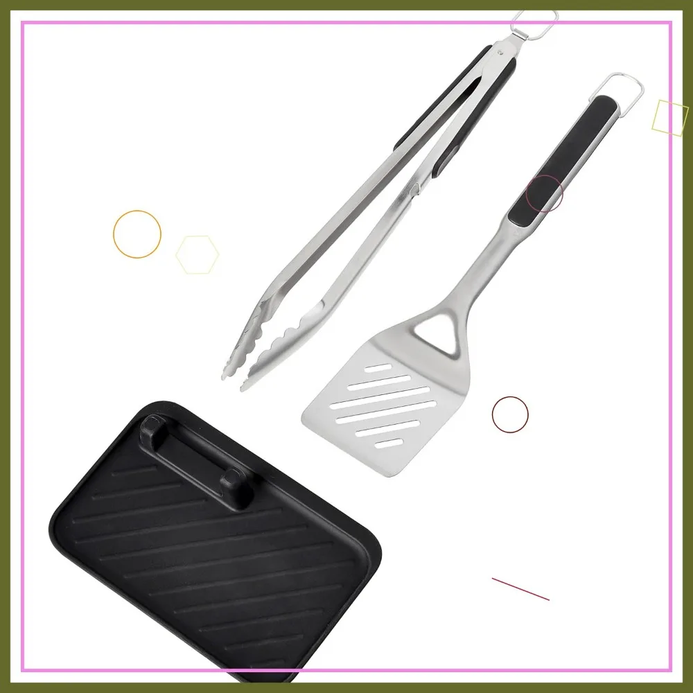 

3-Piece Grilling Set with Tongs, Turner & Silicone Rest - Durable Black Tools