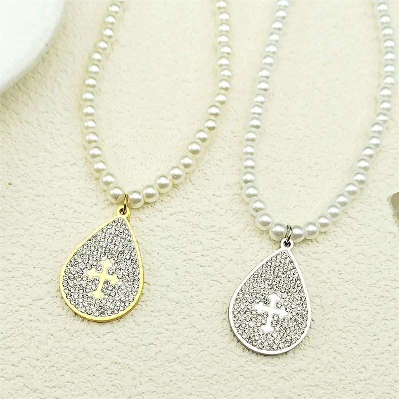 

Fashion Luxury Pearl Cross Pendant Necklace For Women Men Stainless Steel Silver Color Cathoic Religion Chain Jewelry Gifts