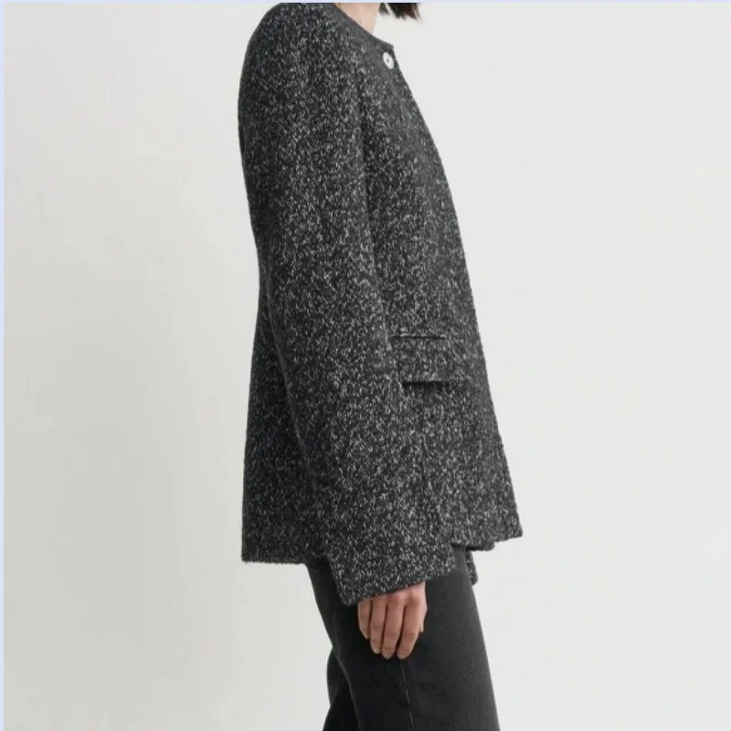 سترة خريف وشتاء جديدة من نورديك TT خفيفة فاخرة وأنيقة من مزيج الصوف برقبة دائرية وخصر