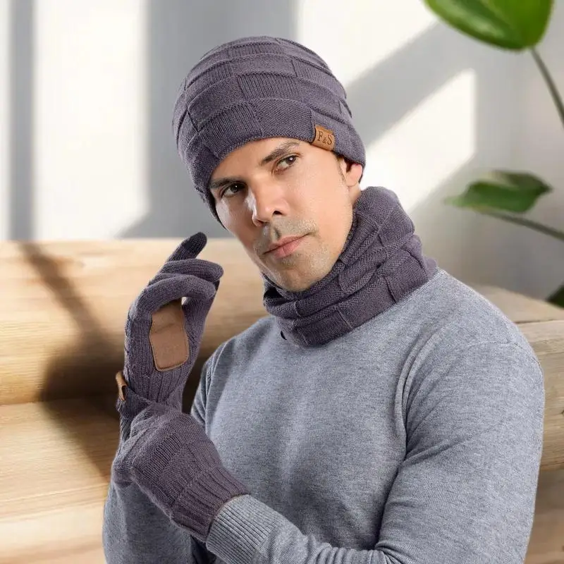 الشتاء الدافئة رشاقته قبعة وشاح وقفازات مجموعة رجالي الحراري صوف مبطن مترهل قبعة الرقبة الأوشحة قفازات 3 في 1 مجموعة دافئة #2