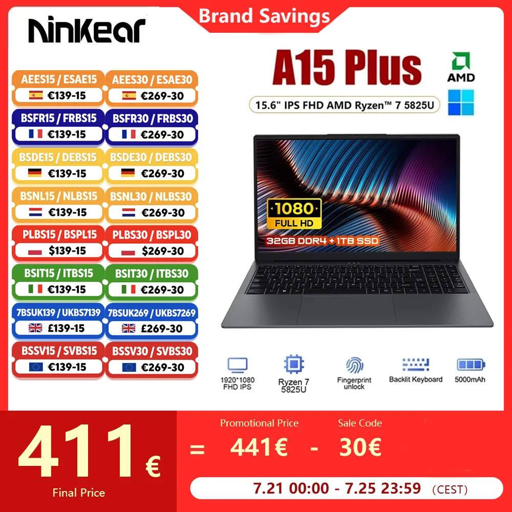 Image of Laptop Ninkear A15 Plus 15,6" IPS FHD AMD Ryzen ™ 7 5825U Notebook 32G DDR4 1TB SSD 57WH Computer da gioco Windows 11 Notebook cod004