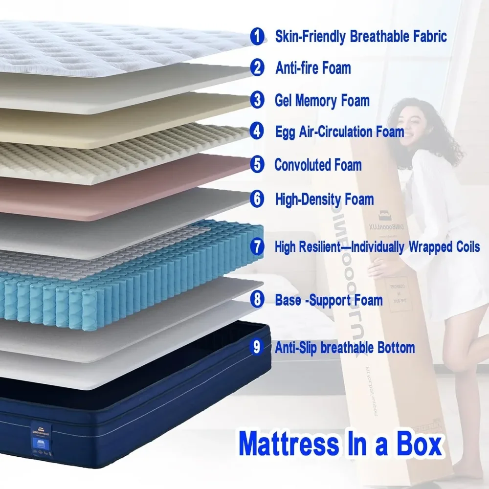 Matelas hybride en mousse à mémoire de forme, matelas Queen dans une boîte, isolation de mouvement, poche allye, instituts de pression intérieure, 14 po