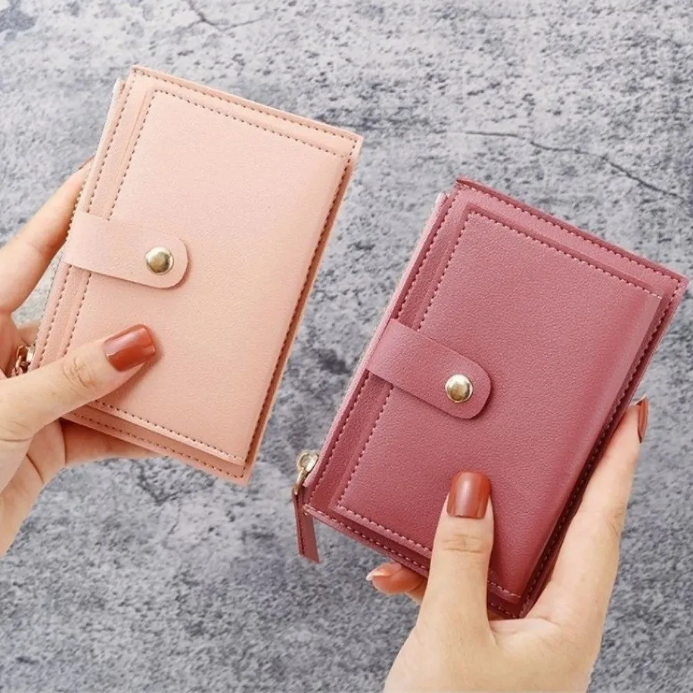 Ultra-thin Students Card Bag PU Solid Color Short Wallet with Zipper with Multiple Card Slots Coin Purse For Bank Card Holder