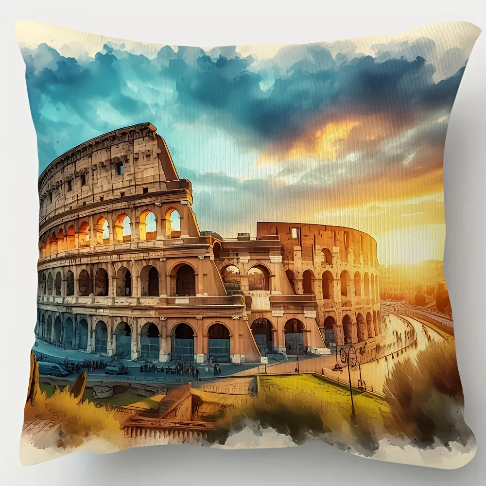 1pc 2D Flat Pillow Not Included Colosseum Sunset Rome Italy Landmark Cushion Cover Plush Travel Souvenir Decor Gift Case